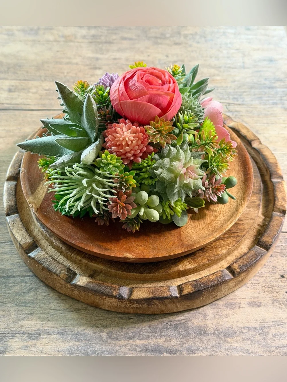 Handcrafted Artificial Succulent Plant and Pink Rose Centerpiece